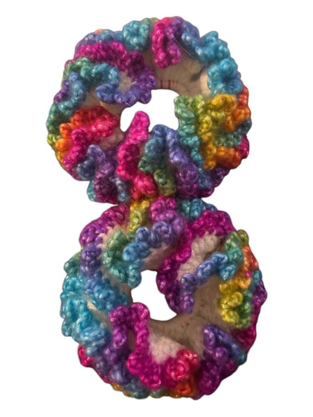 Hand Crafted White Crochet Scrunchie with Rainbow Ruffle